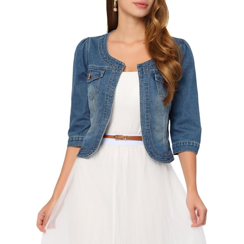 Women's Denim Jacket Collarless 2025 Cardigan 3/4 Sleeve Crop Jean Jackets